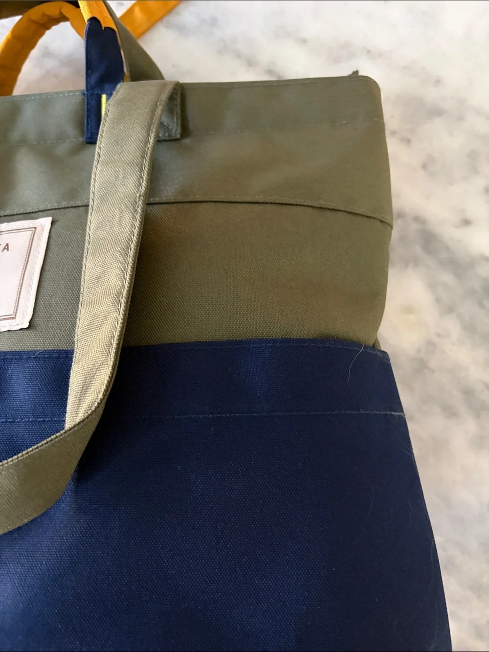 Olive & Navy Canvas Tote Bag with Yellow Accent